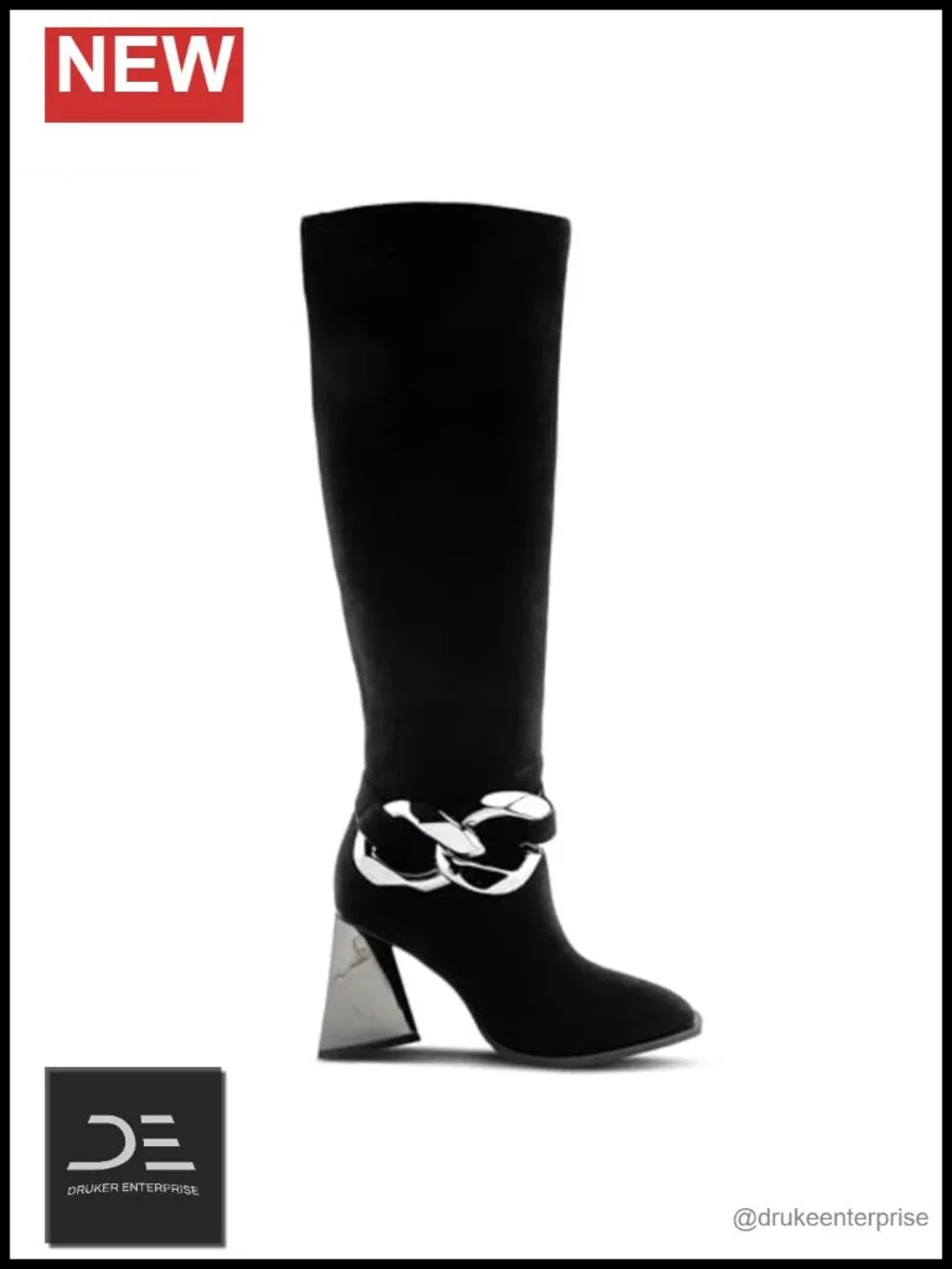 Vegan Microsuede Knee High Boots with Ankle Chains and Heel